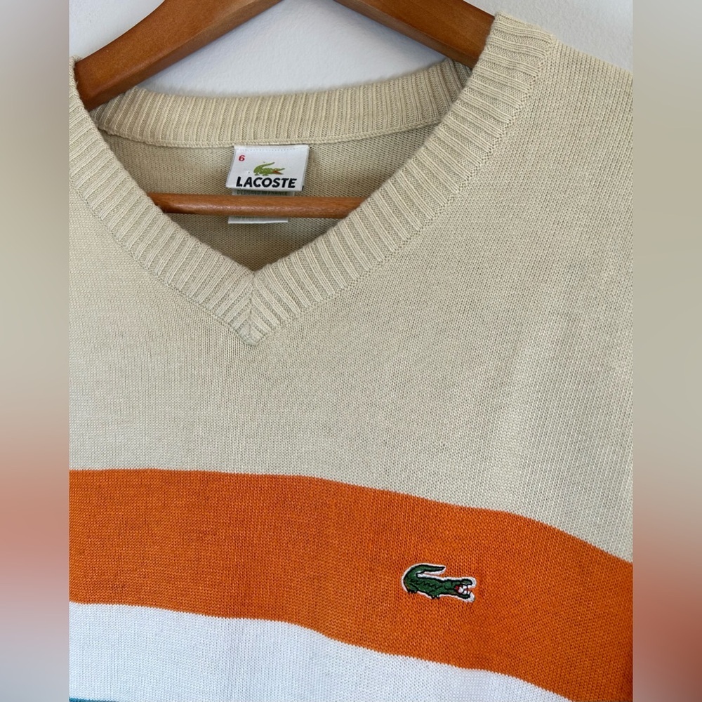 Vintage Lacoste Mens Tan Striped V-Neck Pullover Cotton Sweater Long Sleeve Sz 6 - Picture 6 of 9